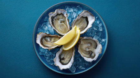 Indulge in the fresh taste of oysters served on ice, garnished with vibrant lemon slices. Perfect for gourmet meals and special occasions.の素材