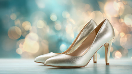 Stunning golden high heel shoes stand out against a soft bokeh background, perfect for fashion campaigns, beauty ads, and elegant occasions.の素材