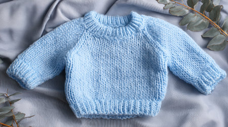 Adorable soft blue knitted sweater designed for infants, showcasing cozy texture and warmth, perfect for cold weather and winter fashion.の素材