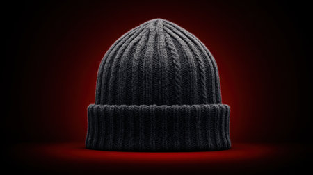 A stylish dark gray knit beanie hat displayed against a simple red background, highlighting its texture and versatility for fashion enthusiasts and winter wear.の素材