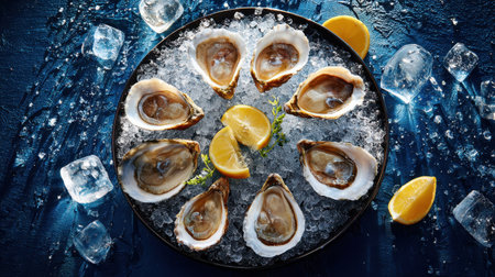 A stunning overhead shot of fresh oysters arranged on ice, garnished with lemon slices and herbs, perfect for showcasing coastal cuisine and gourmet seafood dishes.の素材