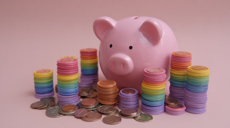 A charming pink piggy bank sits amidst vibrant stacks of colored tokens and coins, creating a cheerful scene ideal for illustrating concepts of saving and finance.の素材