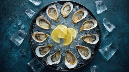 A stunning presentation of fresh oysters nestled on ice, garnished with lemon slices, perfect for seafood enthusiasts. Elevate your dining experience.の素材