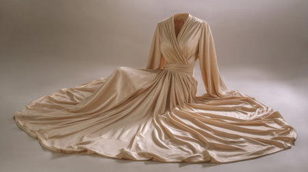 An elegant satin evening gown displayed gracefully, featuring a flowing skirt and a beautifully draped bodice, perfect for formal events and special occasions.の素材