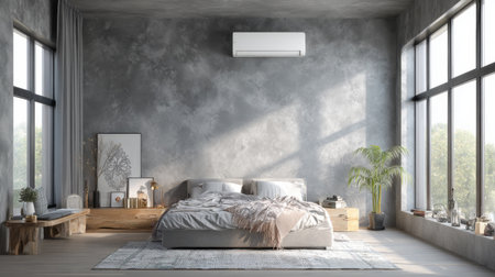 Bright and airy minimalist bedroom featuring a large bed, stylish decor, and abundant natural light from expansive windows, ideal for modern living.の素材