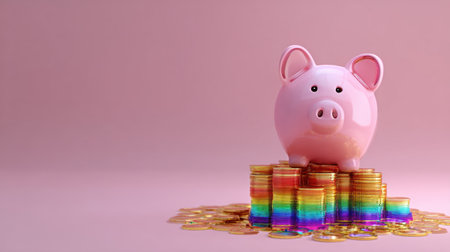 A charming pink piggy bank sits atop a stack of vibrant rainbow-colored coins against a soft pink backdrop, representing savings and financial growth.の素材