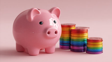 A charming pink piggy bank sits beside a vibrant stack of rainbow coins, set against a soft pink backdrop, perfect for illustrating savings and finance themes.の素材