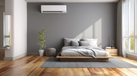 A spacious and airy minimalist bedroom featuring a wooden bed, soft pillows, and natural light streaming through large windows, creating a tranquil atmosphere.の素材