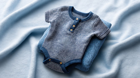Beautifully crafted soft blue baby onesie elegantly displayed on a cozy blanket, embodying comfort and style for modern nursery decor. Perfect for new parents.の素材