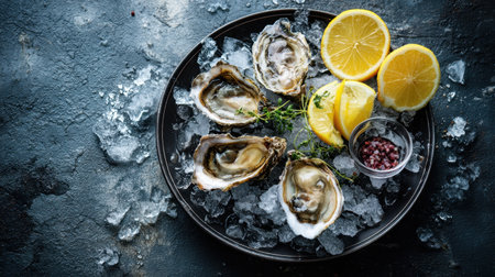 A beautifully arranged plate featuring fresh oysters served on ice, garnished with lemon slices and other accompaniments, ideal for fine dining.の素材