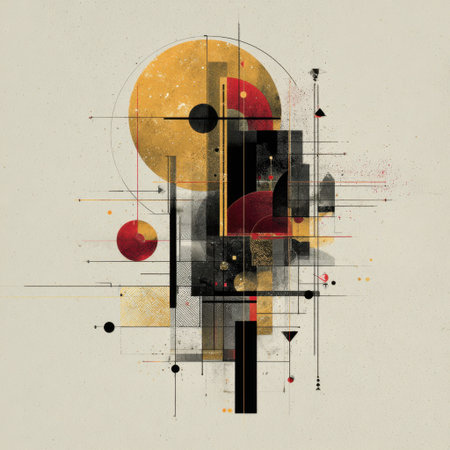 This abstract geometric artwork features a blend of circles, lines, and textures in warm tones, creating a visually engaging composition on a light background.の素材
