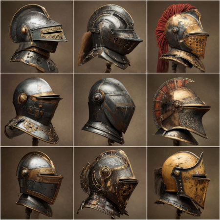 Explore a stunning collection of antique metal helmets showcasing unique designs, intricate details, and historical significance in this captivating image lineup.の素材