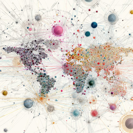 This vibrant abstract map illustration showcases colorful data points interlinked by lines, symbolizing global connections and patterns in information.の素材