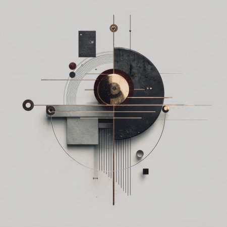 This abstract geometric artwork showcases a harmonious blend of circular shapes and lines in neutral and earthy tones, perfect for modern design projects.の素材