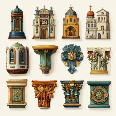 Explore an exquisite collection of ornate architectural elements, showcasing unique columns and decorative facets that enhance any artistic theme.の素材