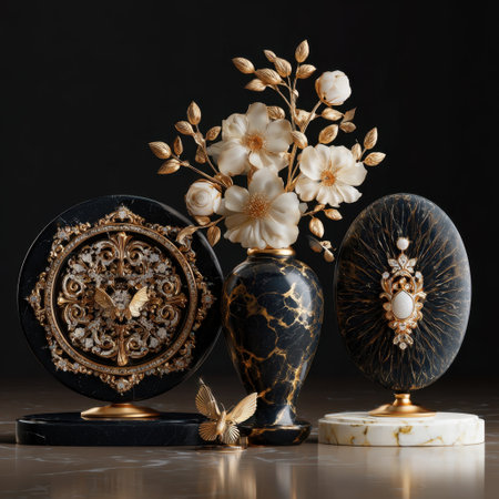 This stunning image features elegant home decor items, including beautifully designed vases with floral arrangements, perfect for adding a touch of luxury to any interior setting.の素材