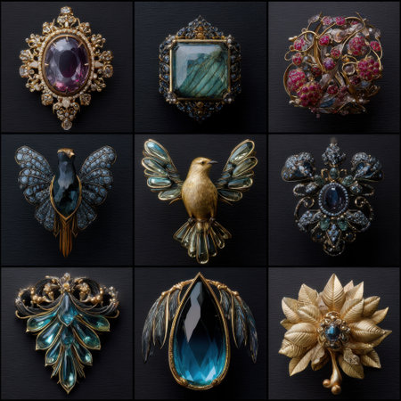 This stunning collection features an array of vintage brooches showcasing vibrant gemstones and intricate designs. Each piece embodies timeless elegance and craftsmanship.の素材