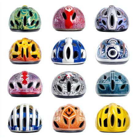 This vibrant collection of bicycle helmets showcases a range of unique designs and colors, emphasizing safety and individual style for cycling enthusiasts of all ages.の素材