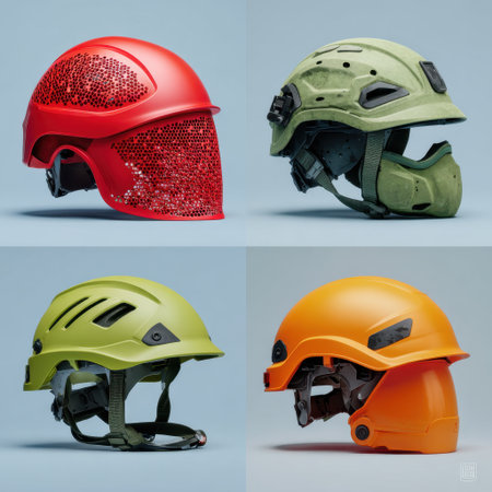 A vibrant collection of four uniquely designed helmets showcasing a variety of colors and styles ideal for safety, adventure, and outdoor activities. Each helmet emphasizes modern design, practicality, and protection for diverse environments.の素材