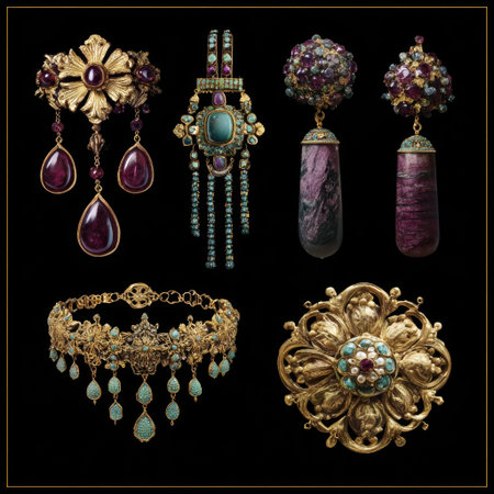 This stunning collection showcases intricate antique jewelry pieces featuring a vibrant array of colorful gems and luxurious designs. Ideal for fashion enthusiasts.の素材