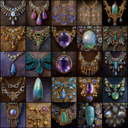 Discover a stunning collection of unique jewelry designs featuring colorful gemstones and intricate metalwork, perfect for showcasing elegance and style.の素材