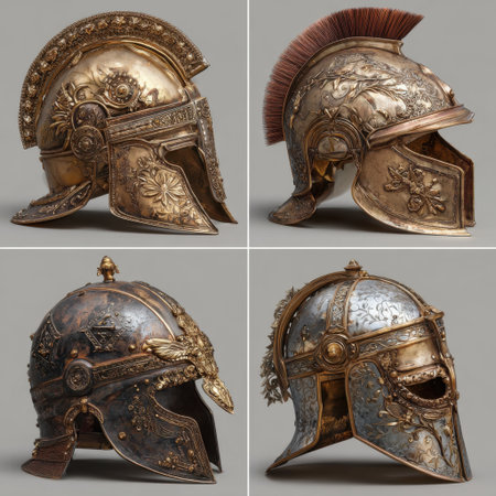 This image showcases a collection of detailed historical helmets featuring intricate designs and craftsmanship, reflecting diverse cultural influences and artistry.の素材