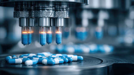 A close-up view of advanced pharmaceutical manufacturing, showcasing blue and white capsules being produced in a high-tech facility, highlighting innovation in healthcare.の素材