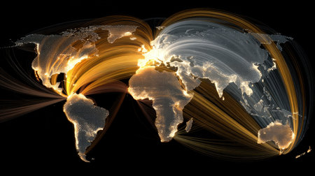 A striking visualization depicting the global connectivity through light trails and data transfer lines, showcasing the dynamics of international networks.の素材