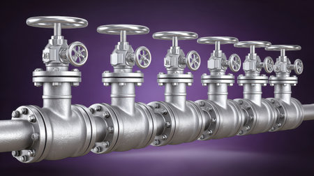A series of metallic industrial valves is lined up on a pipe, showcasing sleek designs and strong materials against a vibrant purple background. Ideal for engineering and construction projects.の素材
