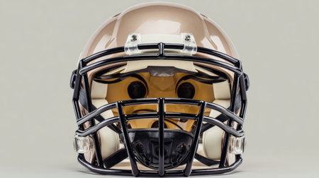 This image features a metallic football helmet with a glossy finish, set against a neutral background. Perfect for sports marketing and merchandise.の素材