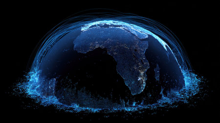 This striking digital illustration captures the essence of Africa interconnected with data streams, emphasizing global connectivity against a dark backdrop, showcasing the modern landscape of communication and technology.の素材