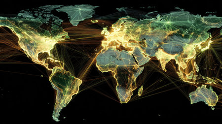 This striking image illustrates a world map with bright lines of light, representing global data transmission and connectivity across various regions.の素材