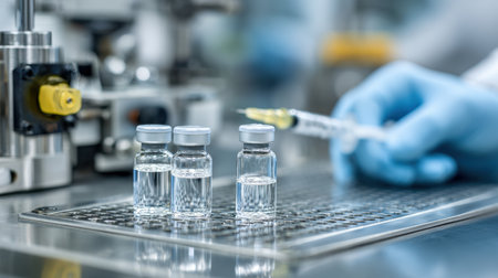 Close-up view of glass vials and a syringe in a sterile laboratory setting, highlighting precision and safety in medical research and healthcare practices.の素材