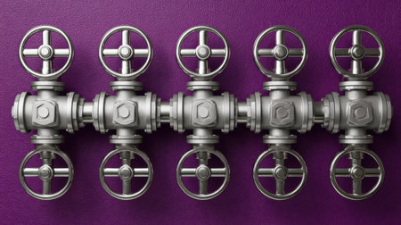 This image showcases a series of metallic valves with circular handles set against a bright purple backdrop, ideal for highlighting engineering and industrial themes.の素材