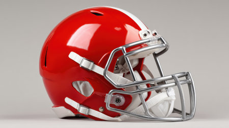 This vibrant red football helmet showcases a modern design with a glossy finish and silver face guard, perfect for sports-related projects.の素材