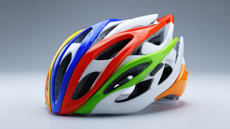 This vibrant and aerodynamic bicycle helmet showcases an innovative design ideal for cycling enthusiasts. Perfect for promoting safety and sport gear.の素材