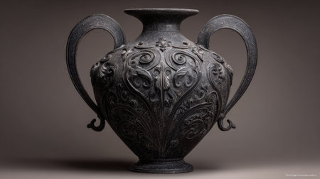 This stunning ornate vase showcases intricate floral patterns with elegant curved handles, perfect for enhancing any interior space or art collection.の素材