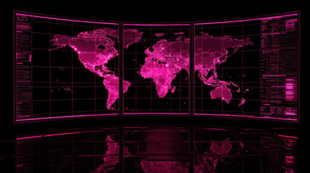 This striking digital display features a vibrant pink world map with intricate geographical data and graphs, symbolizing technology and innovation.の素材