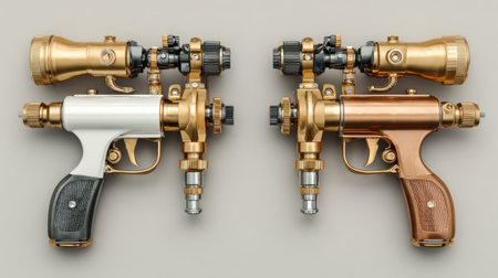 This image features two precision sprayer guns, showcasing an elegant design in contrasting colors of white and copper. Perfect for demonstrating quality and craftsmanship.の素材