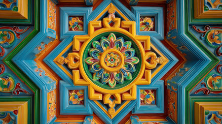This stunning architectural ceiling artwork showcases intricate geometric patterns in vibrant colors, blending cultural heritage with artistic creativity for a unique visual experience.の素材