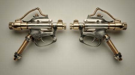 This image showcases two metal spray guns against a soft beige background, highlighting their intricate details and sleek design, perfect for artistic representation.の素材