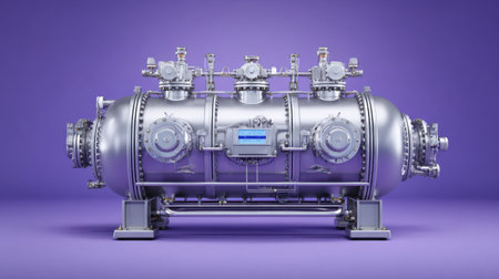 This striking image showcases a high-quality industrial equipment piece featuring an advanced control panel, set against a vibrant purple background. The stainless steel surface reflects light beautifully, highlighting the sophisticated engineering and design involved in modern manufacturing systems. Ideal for showcasing innovation and technology in industrial settings.の素材