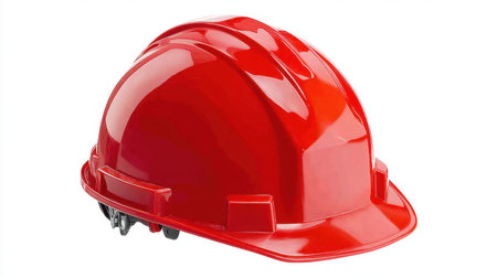 This bright red safety helmet is designed for construction workers, offering high visibility and essential protection for the head. Ideal for various industrial applications.の素材