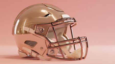 This image features a stylish rose gold American football helmet, perfectly showcased against a soft pink background, ideal for modern sports promotions.の素材