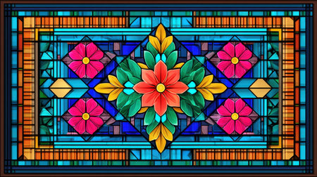 This stunning stained glass art showcases a harmony of colors and shapes, featuring vibrant flowers and intricate geometric patterns. Ideal for decoration.の素材