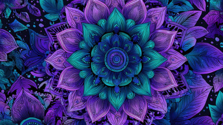 A stunning mandala artwork featuring vivid purple and blue colors, intricately designed with floral patterns and detailed leaves, perfect for artistic projects.の素材