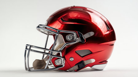 This striking metallic red football helmet is designed for optimal protection and performance. Perfect for showcasing in sports displays or promoting athletic gear, it features a glossy finish and modern design elements that catch the eye.の素材
