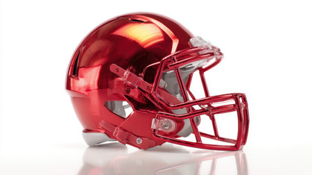 This striking image features a bright red glossy football helmet, showcasing its innovative design and essential protective features against impact.の素材
