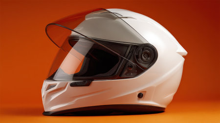 This image features a sleek white motorcycle helmet with a built-in visor, set against a bright orange backdrop. Perfect for showcasing safety equipment.の素材