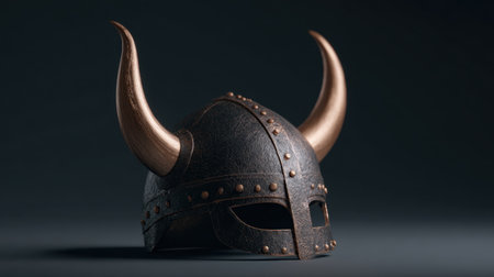 A striking Viking helmet featuring beautifully crafted horns and intricate detailing, perfect for historical themes or dramatic fantasy settings.の素材